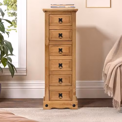 Mercers Furniture Corona Narrow 6 Drawer Chest Solid Wood Pine Bedside Cabinet, H 105 cm x W 35 cm x D 33 cm