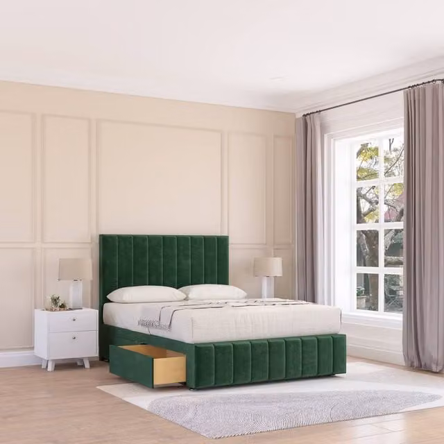 Sloomy California Divan Bed Base in Emerald Green Velvet with 4 Drawers, 12 inch Footboard and 54 inch Floor Standing Chesterfield Headboard, Size: Super King (W/D/H: 200 x 200 cm)