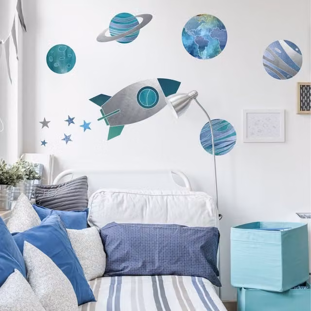 Stickerscapes Rocket, Planets and Stars Adhesive Wall Sticker Pack in Blue and Grey