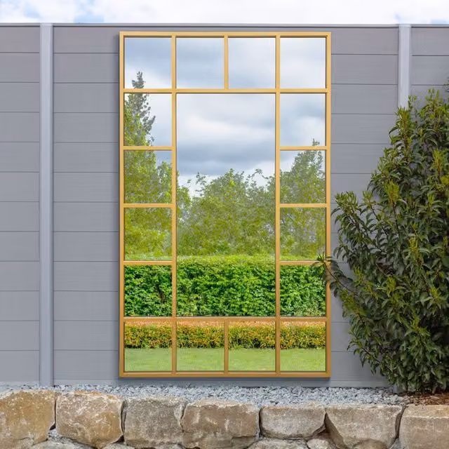 MirrorOutlet Modern Geometric Rectangular Outdoor Wall Garden Mirror in Gold