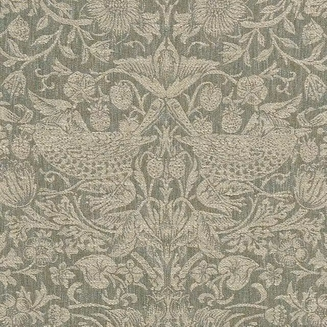 William Morris At Home Strawberry Thief Woven Cotton Fabric in Sage Green Floral Design