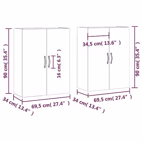 vidaXL Set of 2 Wall Mounted Cabinets in Grey, W/D/H: 69.5 x 34 x 90 cm – 3