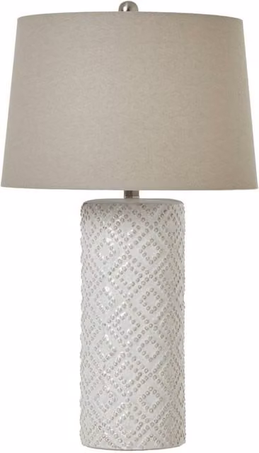 KDMD White Beaded Ceramic Tabletop Lamp with Linen Shade