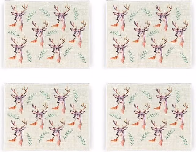 Purely Home Stags Countryside Linen Placemats, Set of 4, White and Multicolour Floral Rectangular Design