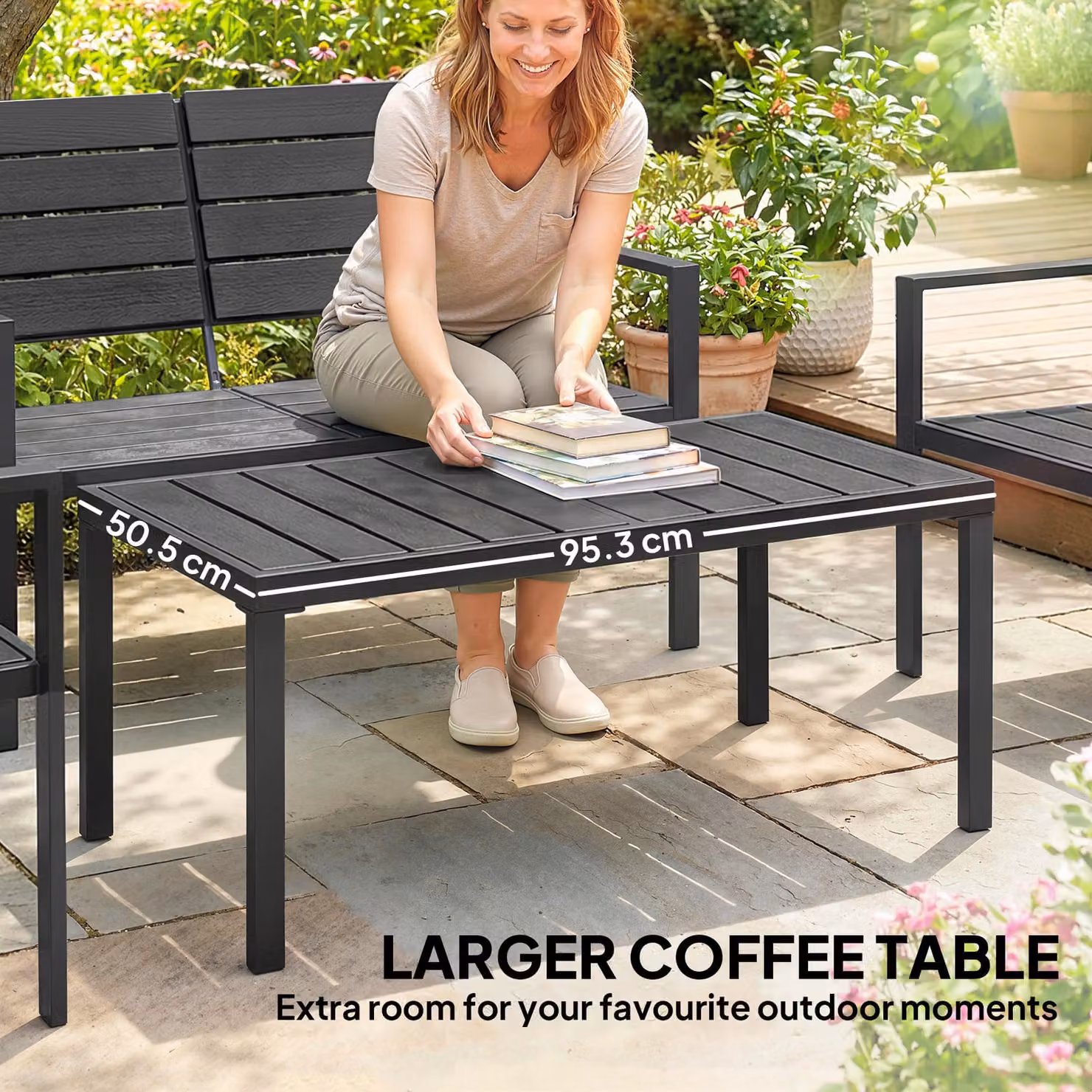 Outsunny 4 Piece Garden Furniture Set in Black with HDPE Slatted Loveseat, Armchairs, Coffee Table and Cushions – 5