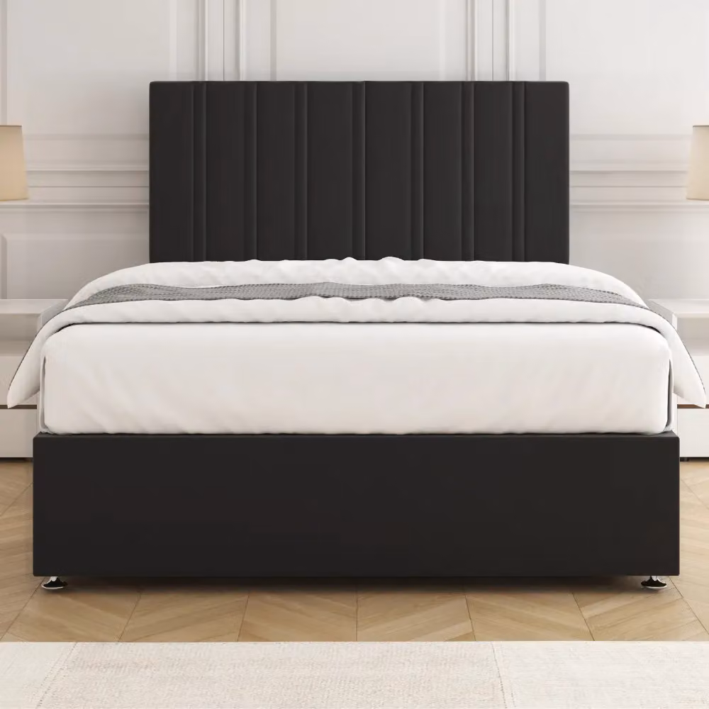 BSSPOKE Sienna Plush Velvet Divan Bed Set with 24 inch Headboard, 4 Drawers and Mattress, Black, W/D/H: 180 x 200 x 30.48 cm – 2