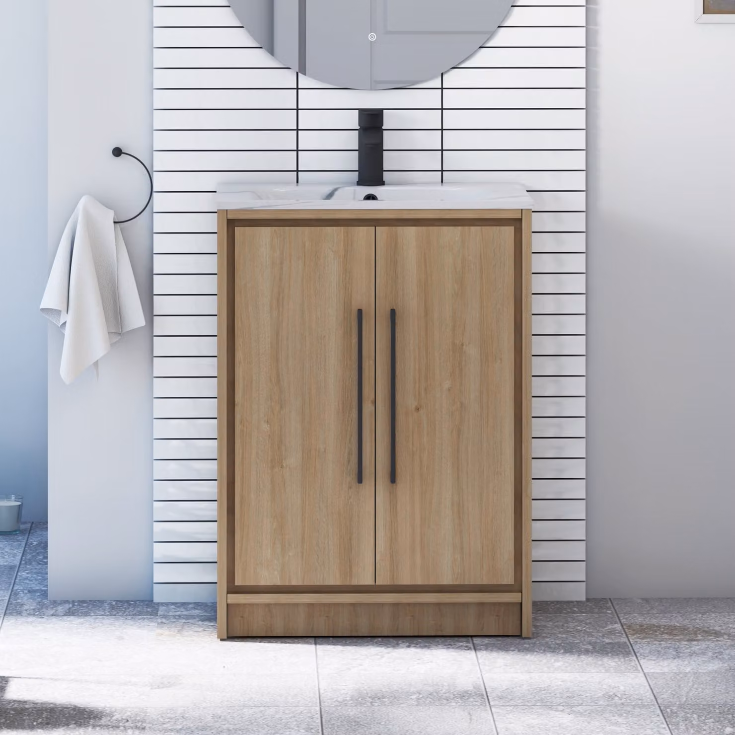 Livora Natural Oak Floor Standing 2 Door Bathroom Vanity Unit with Carrara White Basin and Matt Black Handles