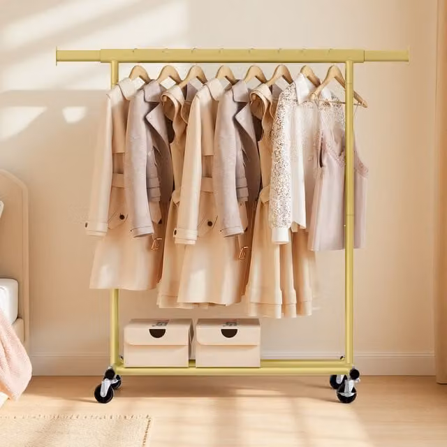 SONGMICS Heavy Duty Metal Clothes Rail on Wheels in Matt Gold