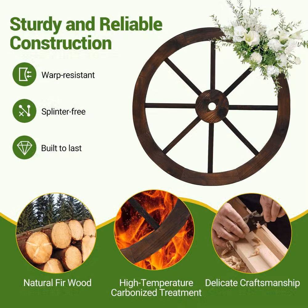 Costway Set of 2 Rustic Wood Wagon Wheels Vintage Wall Hanging Decoration, Brown, Diameter: 60.96 cm – 9