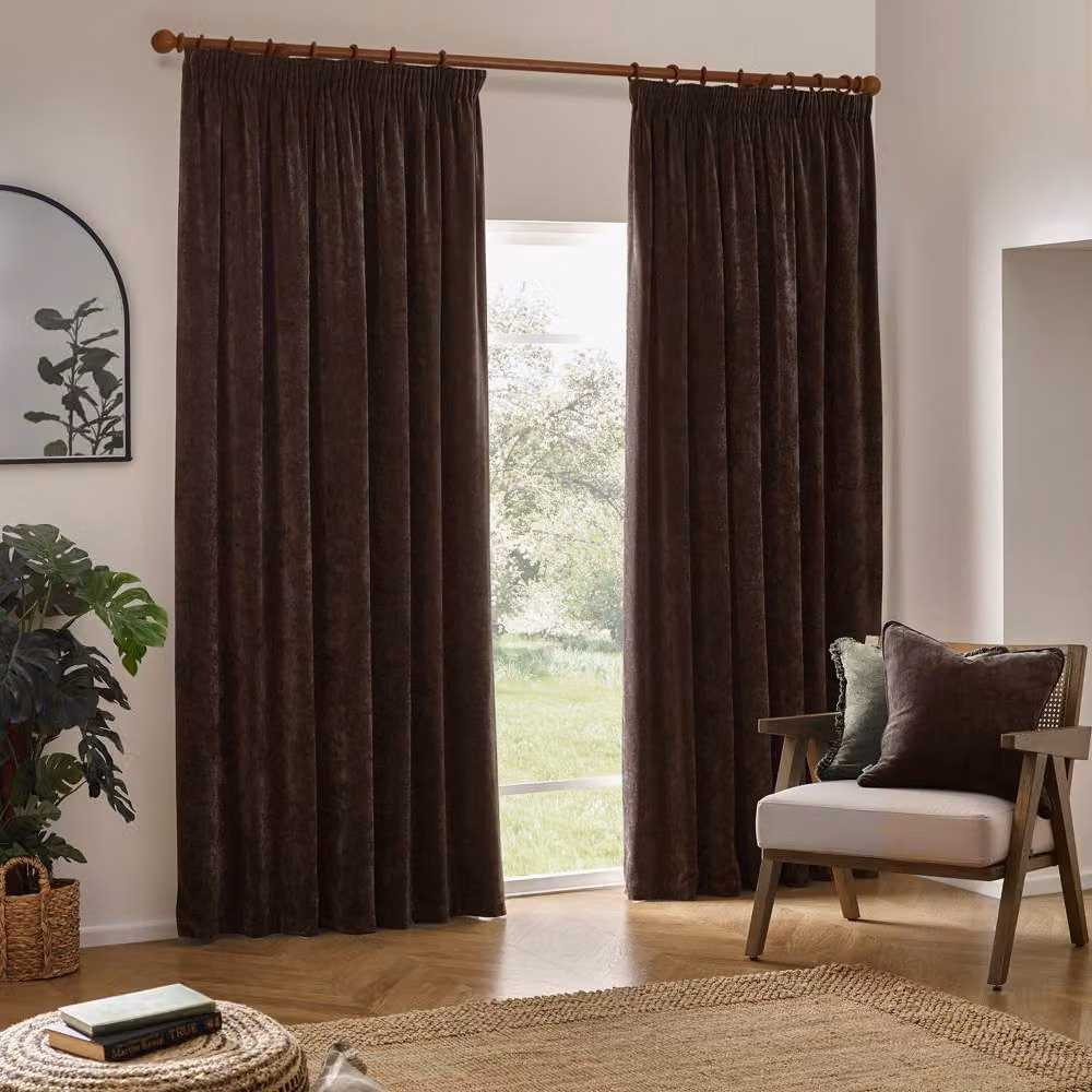 Yard Heavy Chenille Blackout Pencil Pleat Curtain Pair in Brown, Width: 229 cm, Drop: 183 cm – 2