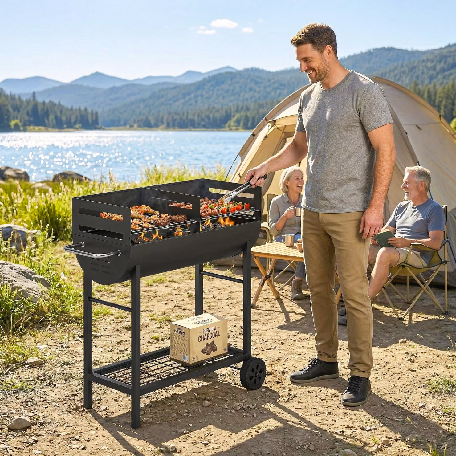 Outsunny Charcoal Barbecue Grill Trolley in Black with 2 Cooking Areas and Wheels – 9