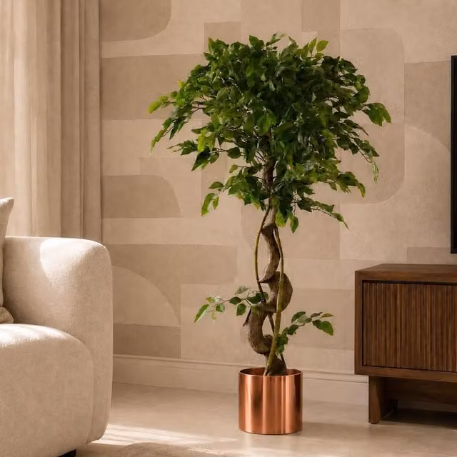 Leaf Design UK 120cm Twisted Trunk Artificial Fruticosa Ficus Tree with Copper Planter in Green
