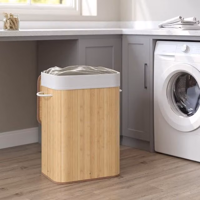 SONGMICS Medium Bamboo Foldable Laundry Basket with Lid and Removable Washable Bag in Beige and Brown