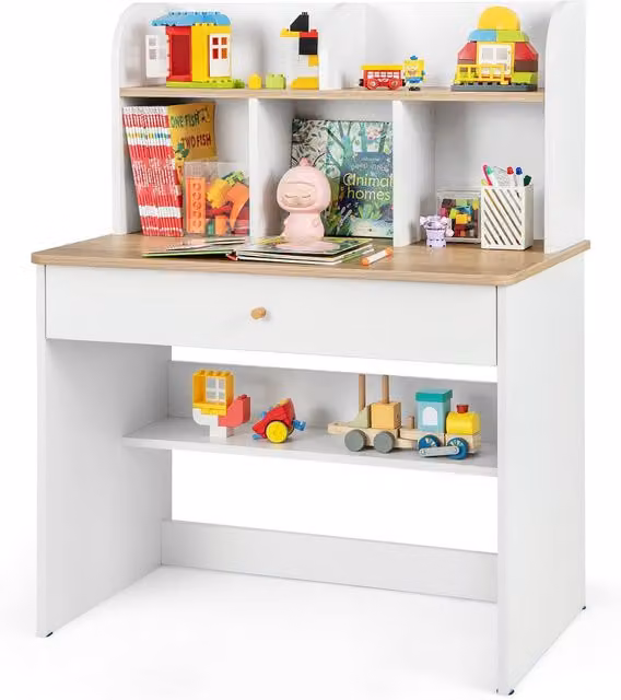 Costway Kids Wooden Writing Desk with Hutch and Drawer in White