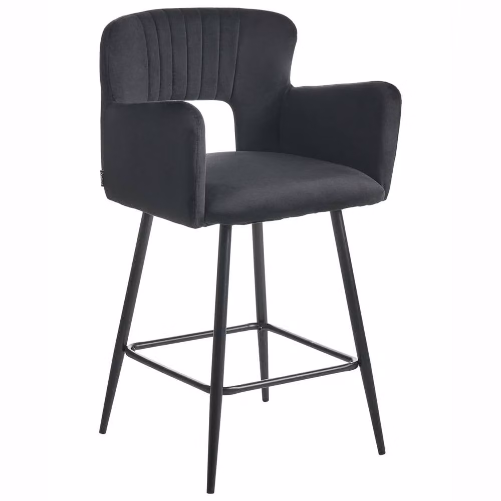 Wyld and Coco Black Velvet Counter Bar Chair with Armrests and Cutout Back – 3