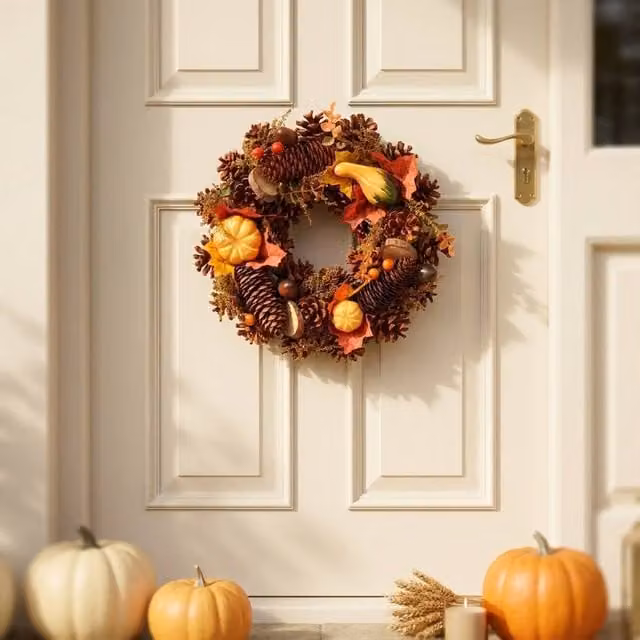 Garden Greatness Autumn Pumpkins Wood Slices Wreath, Multicolour Orange, Diameter: 30 cm