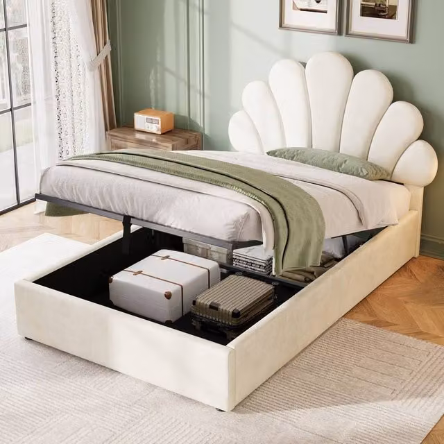 ModernLuxe Beige Velvet Upholstered Single Ottoman Bed with Adjustable Petal Headboard, W/D/H: 90 x 190 x 111 cm