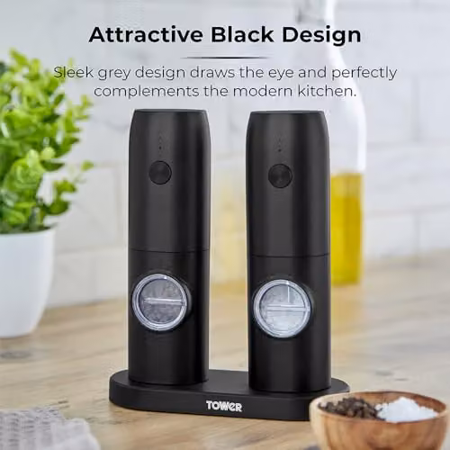 Tower Rechargeable Stainless Steel Electronic Salt and Pepper Mill, Black – 6