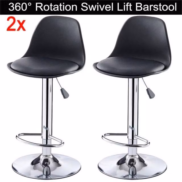Nordara Set of 2 Black Adjustable Height Swivel Bar Stools with Gas Lift and Matt Metal Finish – 1