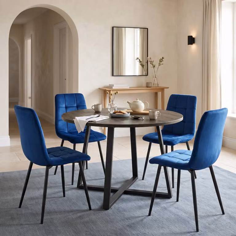 DHS Modern Round Dining Table Set with 4 Blue Upholstered Chairs, Diameter: 110 cm, Height: 75 cm
