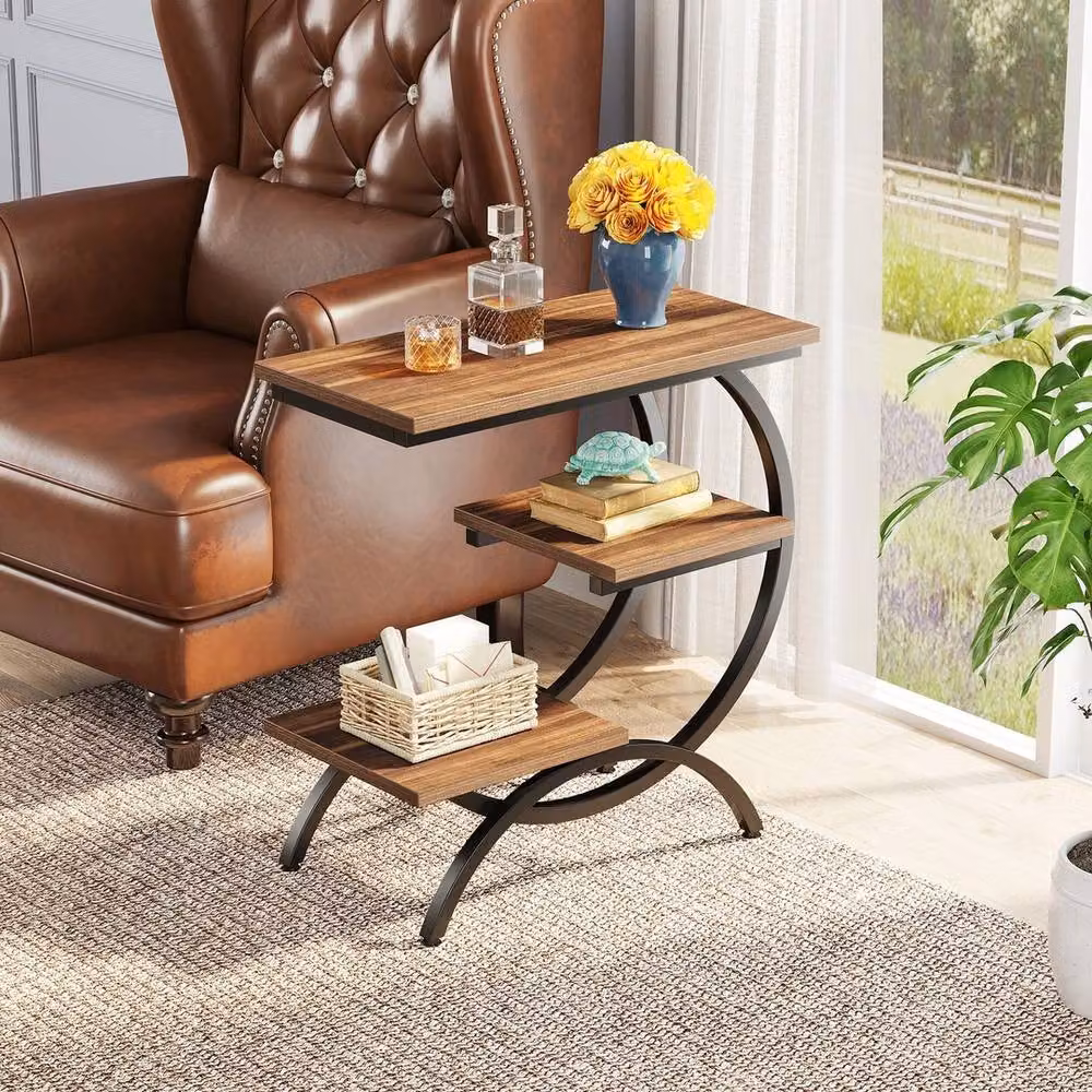 VOGREX 3 Tier Industrial Small Side Table in Brown Wood and Metal, W/D/H: 30 x 30 x 65 cm – 4