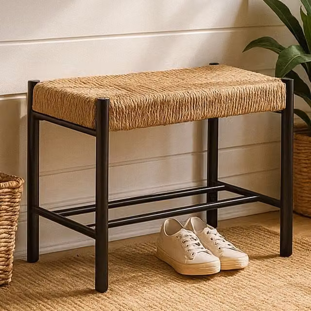 Orsina Bandar Small Bench with Black Beech Wood and Natural Hemp Rope