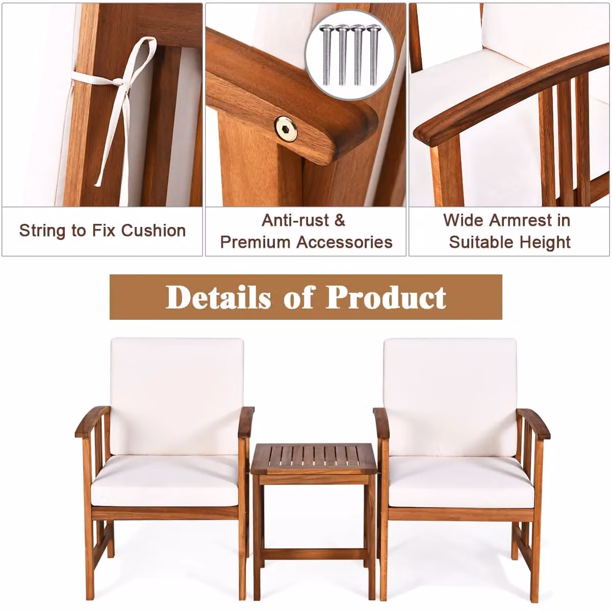 Gymax 3-Piece Outdoor Acacia Wood Sofa Set with White Upholstered Cushions – 4
