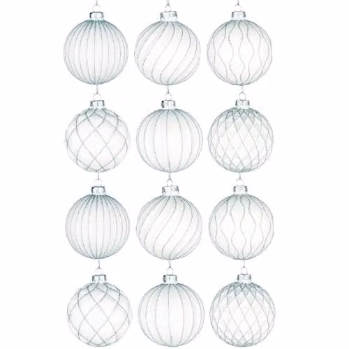 Shatchi 12-Piece Set of White and Silver Glass Christmas Baubles with Abstract and Geometric Designs, Diameter: 8 cm