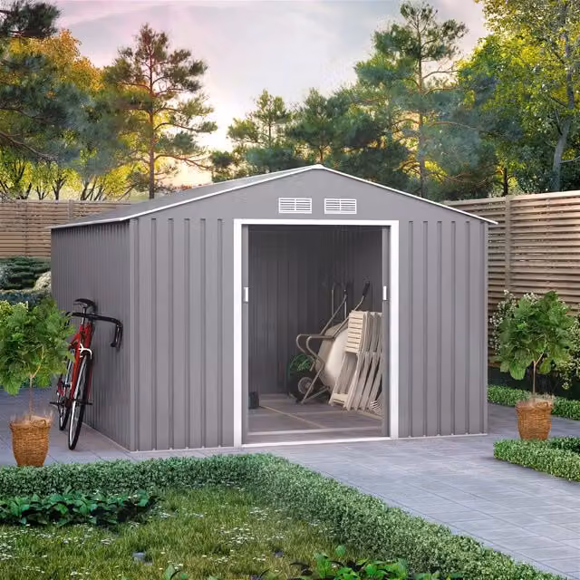 BillyOh Ranger Apex Metal Gable Shed with Foundation Kit and Sliding Doors in Grey, W: 245 cm, H: 202 cm
