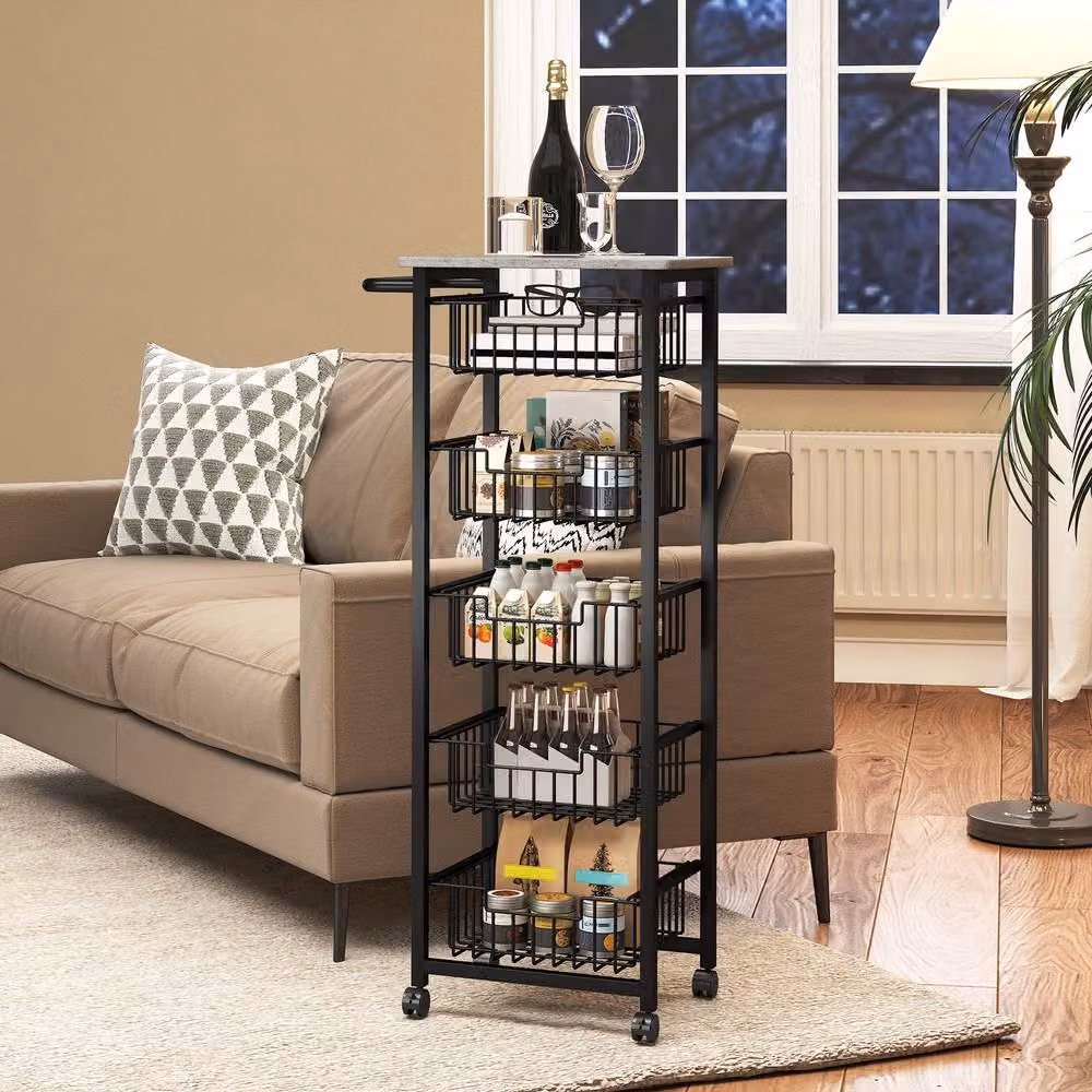STILVORA Kitchen Trolley with 5 Baskets and Marble-Effect Top in Black, W/D/H: 76.0 x 49.5 x 111.0 cm – 5