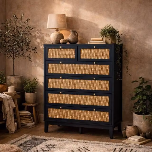 Wyld Haus Waterford Blue Oak and Woven Rattan 6 Drawer Chest