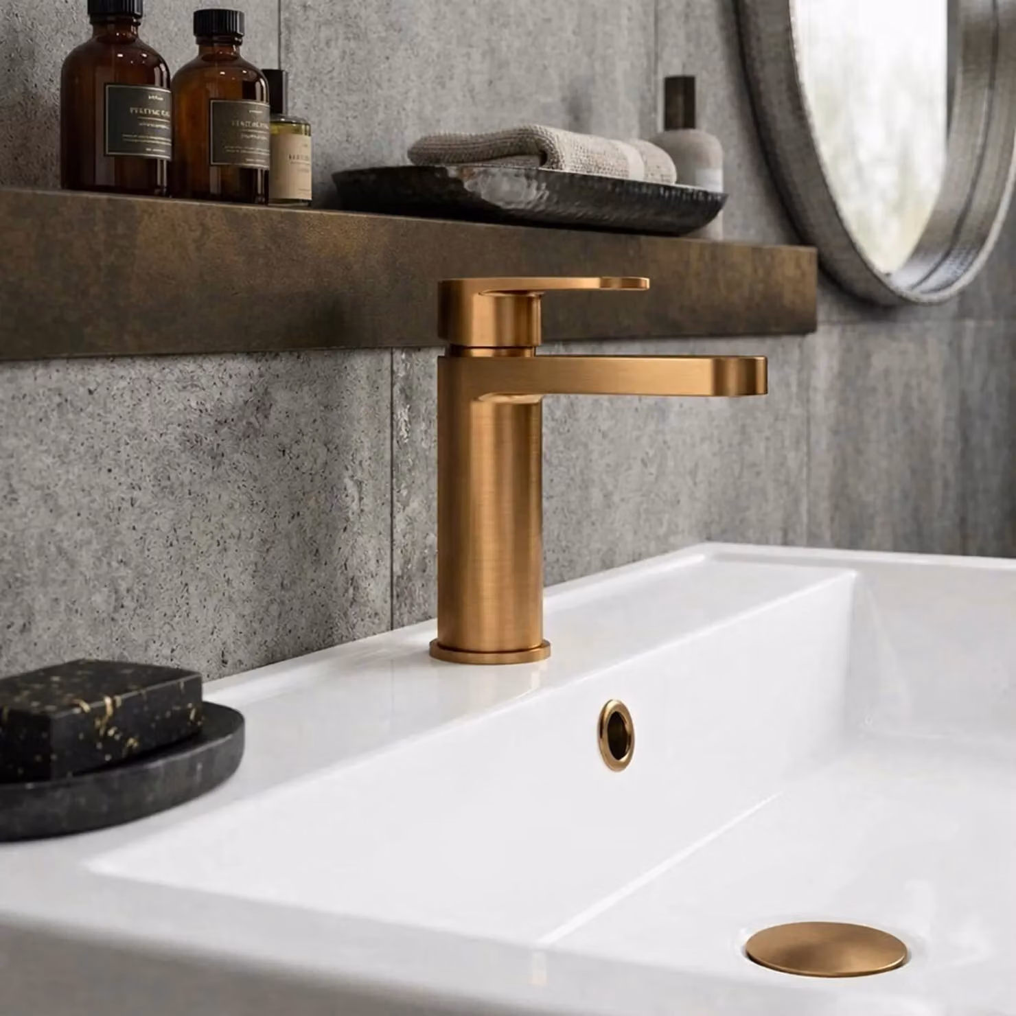 Balterley Pride Round Mono Basin Mixer Tap with Push Button Waste in Brushed Bronze Brown – 6