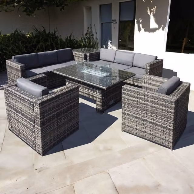 Oseasons Malta Rattan 8 Seat Rising Firepit Twin Chair Corner Set in Walnut Grey