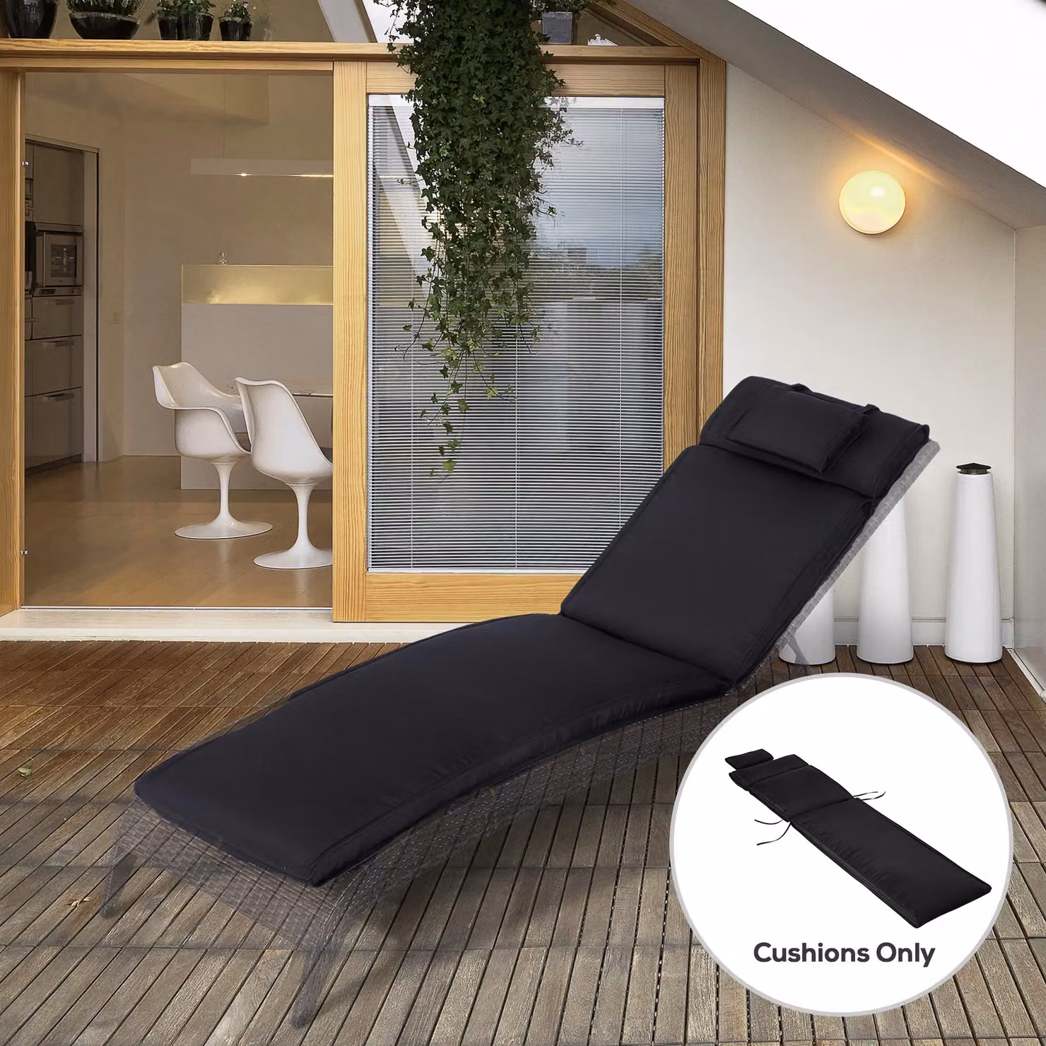 Outsunny Replacement Thick Sun Lounger Cushion with Pillow, Black – 2