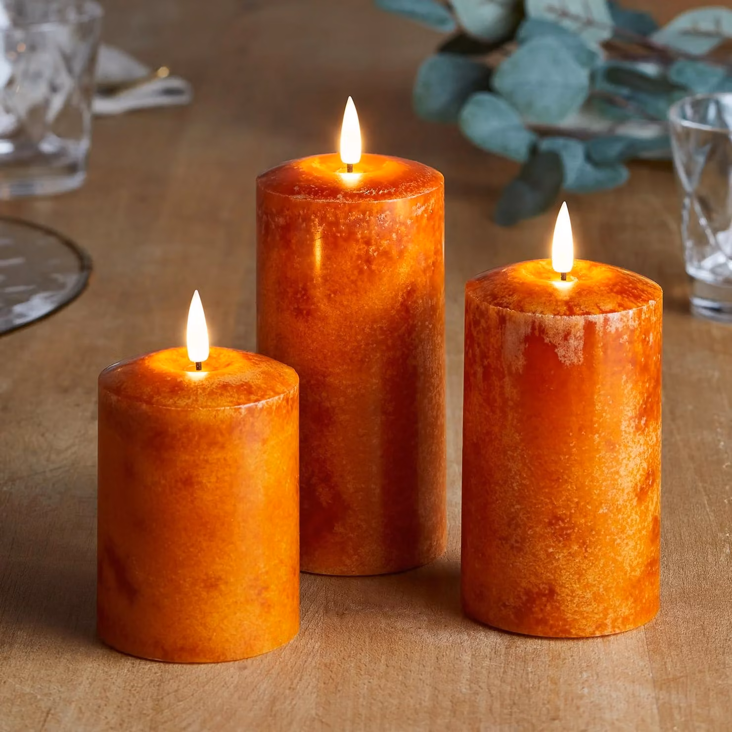 TruGlow® Mottled Orange LED Autumn Pillar Candle Trio with Remote Control and Flicker Effect