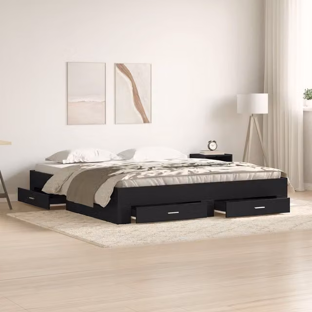 Berkfield Home Modern Bed Frame with Drawers in Black Oak, W: 180 cm, D: 200 cm