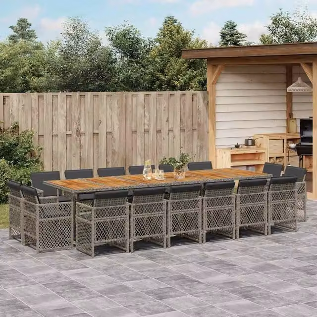 Berkfield Home 17 Piece Grey Poly Rattan Garden Dining Set with Acacia Wood Details – 1