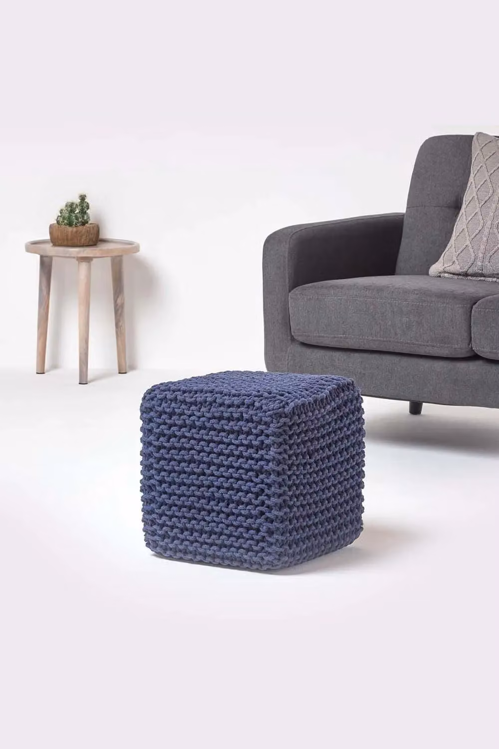 Homescapes Cube Cotton Knitted Pouffe Footstool in Blue – 2