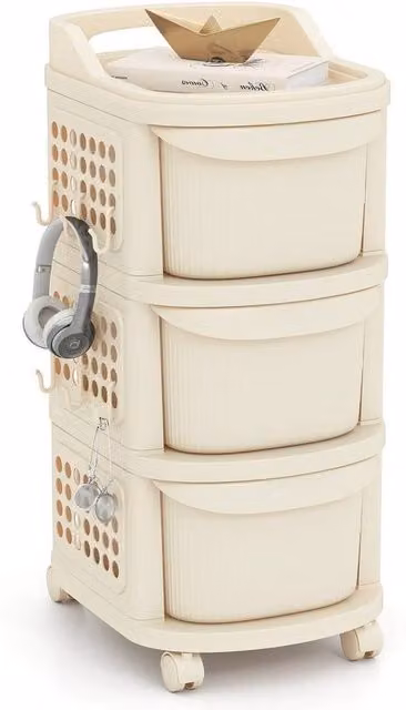 VOGREX 3-Drawer Rolling Storage Cart with Castors in White and Beige