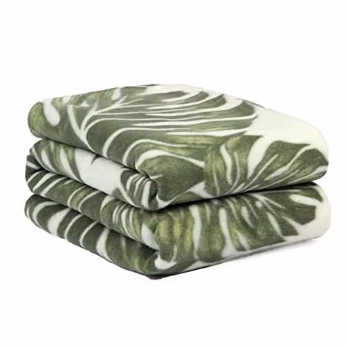 OHS Tropical Leaf Print Green Polar Fleece Throw, W/D/H: 120 x 150 cm