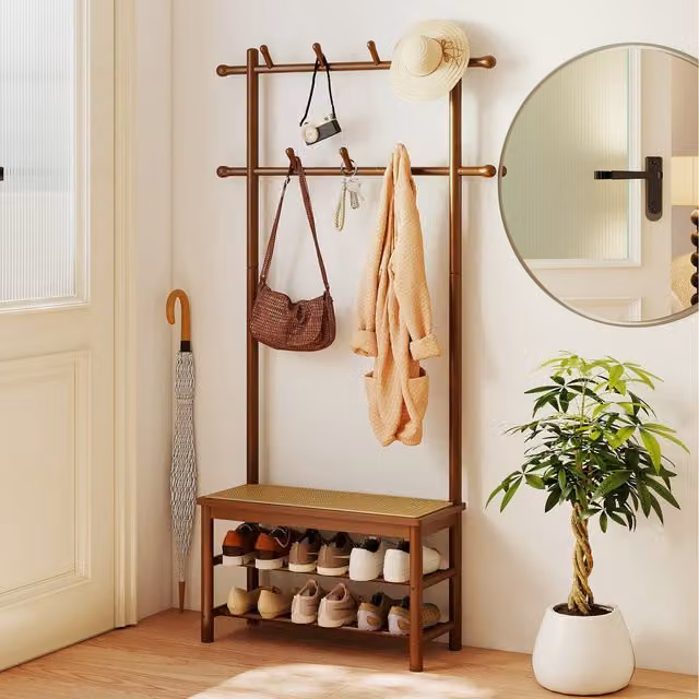 COSTWAY Rustic Bamboo Hall Tree with Bench and Dual Hook and Rail Matrix in Brown