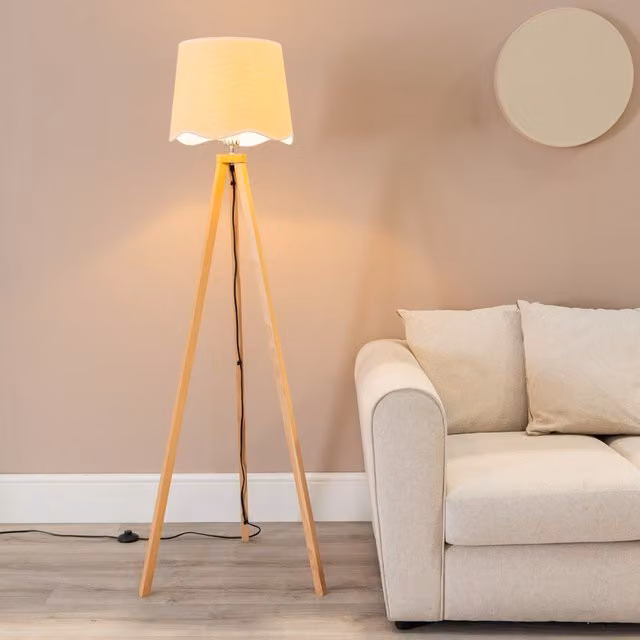Barbro Natural Wood Tripod Floor Lamp with White Scallop Fabric Shade