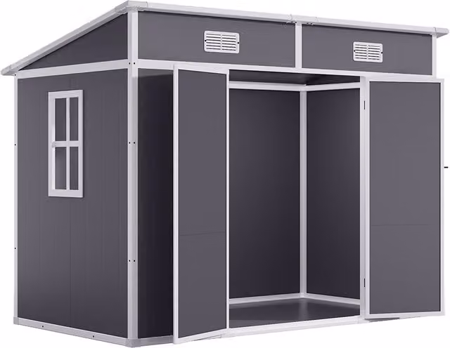 THE HOT SALE Pent Garden Shed Plastic Storage Unit with Window and Lockable Doors in Grey