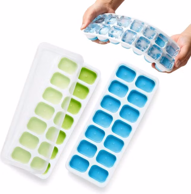 Keplin 2 Pack Multicolour Silicone Ice Cube Trays with Non-Spill Lids, BPA Free