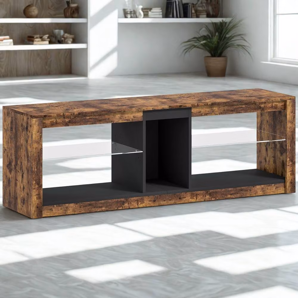 FURNOS Industrial TV Stand Unit with Integrated LED Lights and Storage Shelves in Brown, W/D/H: 140 x 35 x 47 cm – 5