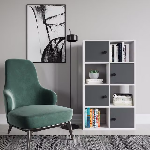Decorotika Tasso Bookcase with Cabinets in White and Anthracite, W/D/H: 124.5 x 63.5 x 63.5 cm