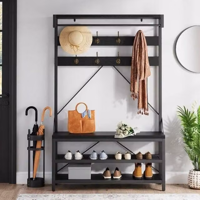 London Boutique Modern Hall Tree with Shoe Bench and 8 Hooks, Black, H 183 x W 136 x D 40 cm