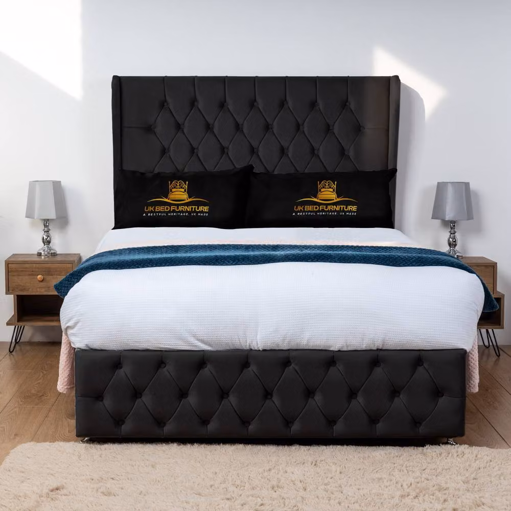 UK Bed Furniture Luxor Wingback Divan Bed with 54 Inch Headboard and 2 Foot End Drawers in Black, Size: 140 x 200 cm – 2