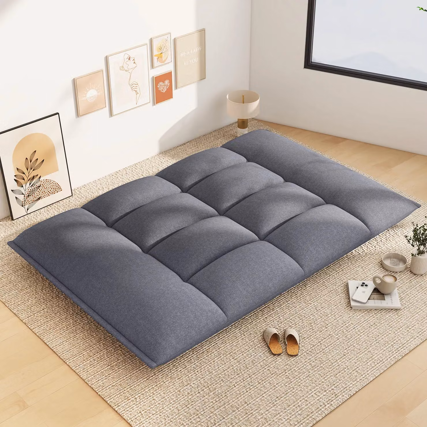 Gymax Grey Fabric Floor Sofa Bed with 5-Position Adjustable Backrest, Armrests and Metal Frame – 3