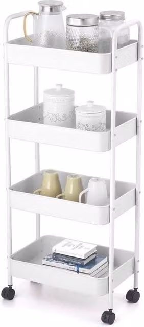 EONLION 4 Tier Slim Plastic and Metal Storage Trolley Cart with Castors in White, H 105.0 x W 29.5 x D 44.5 cm
